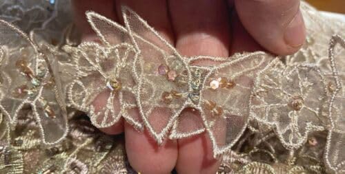 Champagne Embroidered Flowers Trim Butterflies Hand Sewn 1.5" Sequins Beads Champagne 1yd Fabric