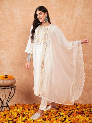 Image of INDO ERA Women's Embroidered Straight Kurta & Pant with Dupatta Set
