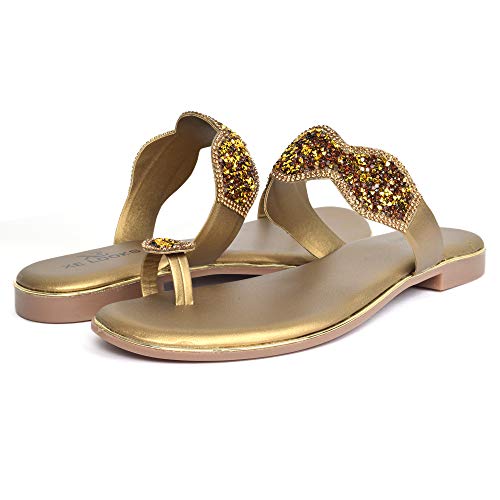 Image of XE Looks Women's Copper Gold Embellished Slippers | Stylish Glittering Design with Comfort Sole | Comfort and Durability Combined Slipper For Girls & Women