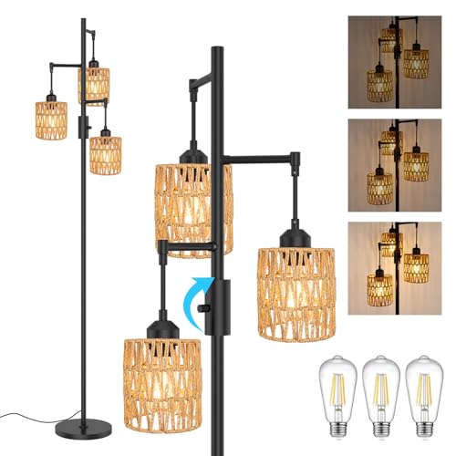 3-Light Boho Floor Lamp for Living Room, Rattan Wicker Standing Lamp Palm Tree Design, Farmhouse Coastal Floor Light with Woven Shade, Tall Bohemian Lamp