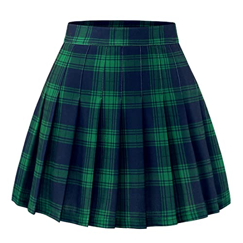 Timormode Femme Jupe Plissé Mini Haute Taille Patineuse Évasé Écolière de Tennis TMBZQ20 Green Navy Plaid L