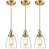 JEENKAE 3 Light Gold Pendant Lighting for Kitchen Island Modern Pendant Light Glass Shade