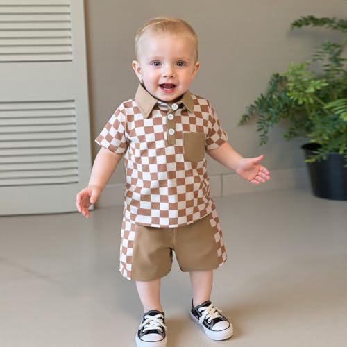 Karuedoo Toddler Baby Boy Summer Outfits Checkered Button Down Short Sleeve Pocket Collared Shirt and Shorts 2Pcs Clothes Set2