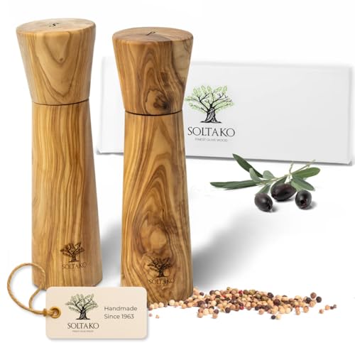 SOLTAKO Olivenholz Salz- und Pfeffermühlen 2er Set 'La Molina', Pfeffer und Salzmühle aus Oliven Holz