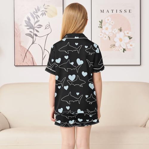 ALAZA Shark Line Heart Black Satin Pajamas Set Short Sleeve Button Down Sleepwear Summer Pjs 2 Piece4