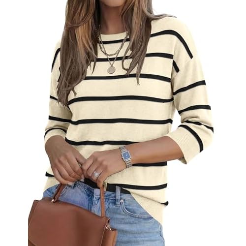 LOMON Women's Wool Blend Striped Boat Neck Spring Dressy Casual Sweater Tops 2026 Apricot-black Stripes Large