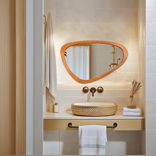 FUIN Asymmetrical Irregular Wall Mirror 30.5" x 19.5" – Solid Wood Frame Mid Century Modern Decor, Organic Pebble Shaped HD Glass for Bathroom Vanity, Bedroom, Living Room & Entryway (Teak Finish) - Image 4