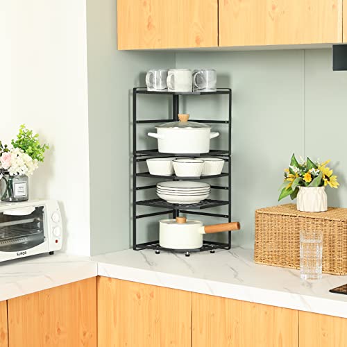 Lumamu 2 Pack Stackable Corner Shelf Stand, Height Adjustable Cabinet Corner Rack, Countertop Shelf Organizers For Plates, Dishes, Cabinet & Pantry Kitchen Organization, Black #TOP1