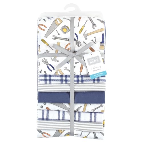 Image of Little Treasure Hudson Baby Cotton Poly Flannel Receiving Blankets Multipack, Blue Construction Work, 30x30 inches
