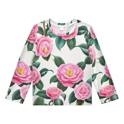 DOMIKING Camellia Flower Leave White Boys Long Sleeve Rashguard Shirt Kids Quick Dry Swim Shirt for Beach Pool Sport 11-12T