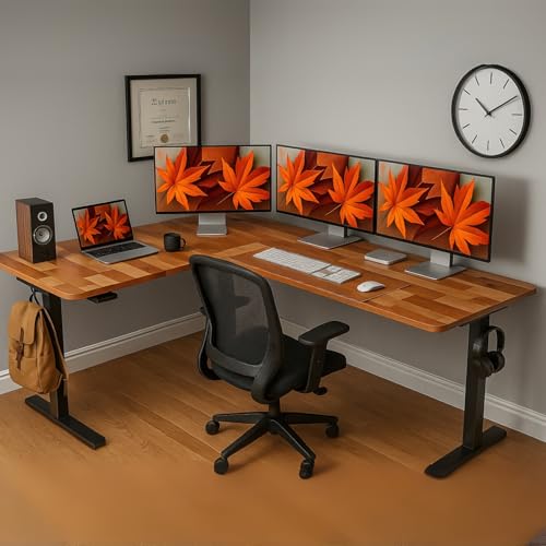 Image of TEKAVO HAD L Shaped Height Adjustable Solid Wood IWorkstation |Home & Office | L Shape Study Table with Spacious Desktop I DIY Assembly (Natural Wooden)