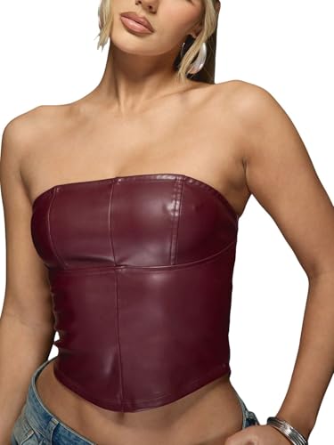 Verdusa Women's Leather Top Backless Tube Top Strapless Crop Corset Tops Going Out Outfits Burgundy Medium