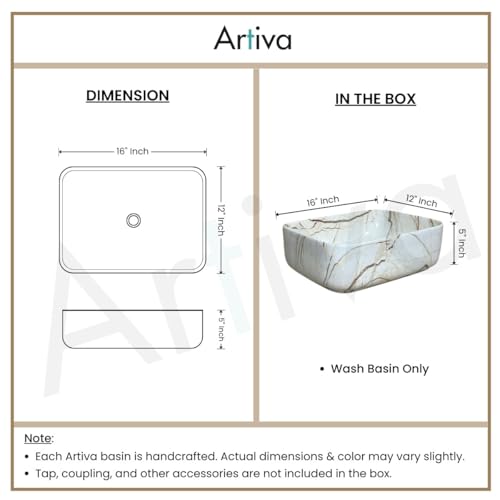 Image of Artiva Ceramic Wash Basin /Tabletop Washbasin For Bathroom,12 inchx16 inch /Small Countetop Bathroom Basin /Table Top Basin For Home,Office,Hotel /Rectangle Glossy Sink (Marmi Beige,12x16 Inch)
