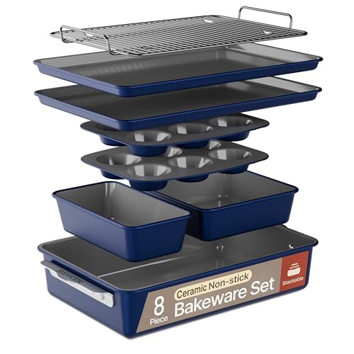 Bakken 8-Piece Ceramic Coated Bakeware Sets, Nonstick Aluminized Steel Pans with Muffin, Loaf, Cake, Roasting Pan, & Cooling Rack, Oven Safe Up To 500°F, Dishwasher Safe, BPA, PTFE & PFAS Free, Blue