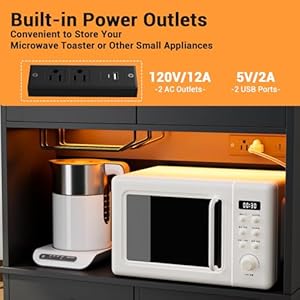 76 Kitchen Pantry Storage Cabinet with Microwave Stand Freestanding LED Kitchen Cabinet with Power Outlet Tall Storage Cabinet with Drawer Cupboard with Adjustable Shelves for Dining Room