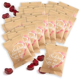 WeddingTree Serca z żelkami owocowymi 25 x 10 g w małych woreczkach z koronką  idealne jako prezent dla gości na urodziny, wesele