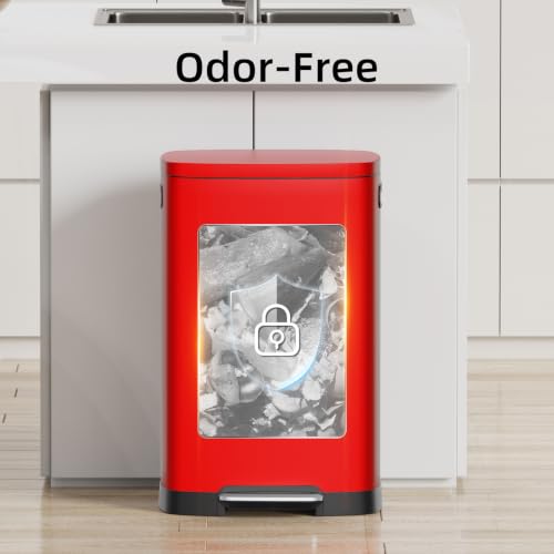 Image of KUK 13 Gallon Kitchen Trash Can with Lid, 50L /13Gal Office Step Garbage Can for Home, Kitchen, Laundry Room, Office, Brushed Stainless Steel, Red