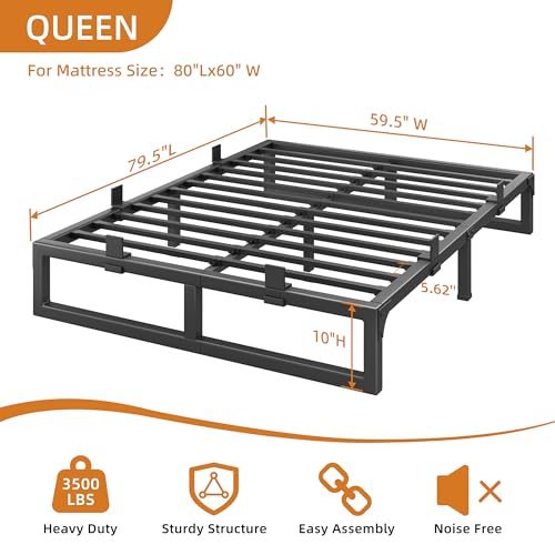 Image of 10 Inch Metal Queen Bed Frame with Steel Support, Noise-Free | Easy Assembly, Underbed Storage, U-Shaped Groove, 6 Mattress Baffles, No Box Spring Needed, Rubber Pads, Squeak Free, Black
