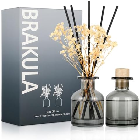 Brakula 2 Pack Reed Diffuser, Fresh Linen + White Jasmine (3.38 fl oz Each Pack), Home Fragrance with 12 Sticks, Shelf Decor, Reed diffusers for Home