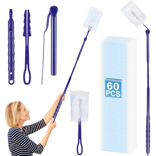 Kasanni Plumero Atrapapolvo, Plumero de Limpiez, Plumero Kit con 60 Recambios + 1 Mango Telescopico Extensible + 1 Mango Corto, Limpieza de 360 Grados, para Ventanas Persianas Muebles Coches