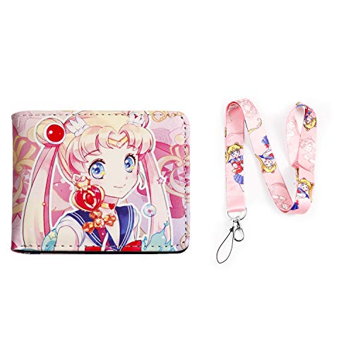 Anime Sailor Moon Bifold Leather Wallet with Sailor Moon Lanyard (Pink Sailor Moon Wallet)
