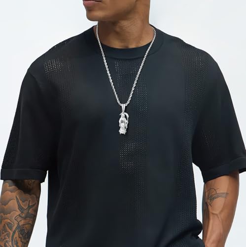 Silver Necklace for Men with Santa Muerte Pendant Grim Reaper Necklace with Black Gemstone Stainless Steel Rope Chain Necklaces Fashion Jewelry Gift