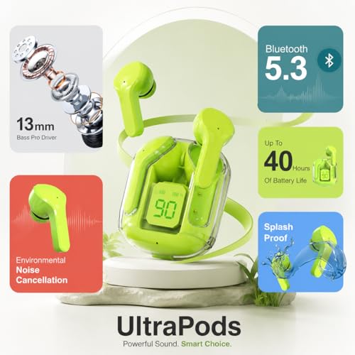 Image of UltraPods Immersive Sound | 40Hrs Music Time, 13mm Dynamic Driver, ENC, Deep Bass, Type-C Charging, Wireless TWS Earbuds (Green)