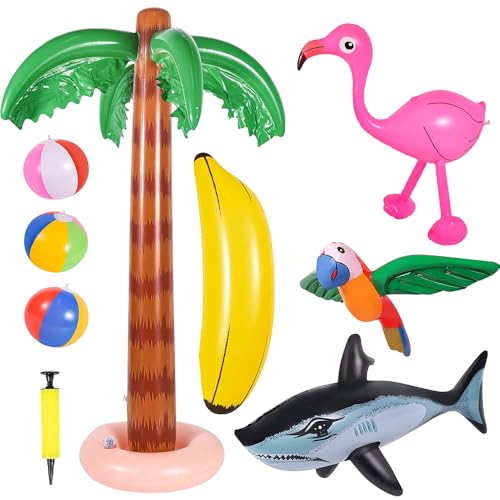 mizikuu Pack of 9 Inflatable Palm Trees Coconut Tree Set Inflatable Palm Trees Flamingos Parrot Banana Beach Balls Toy for Swimming Pool Hawaii Decoration Theme Party