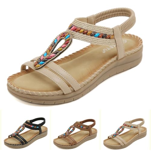 2025 New Summer Bohemian Rhinestone Orthopedic Sandals For Women, Comfortable Flip Flops Sandals, Women's Arch Support Walking Latex Massage Thick Sole Large Size Walking Flat Shoes