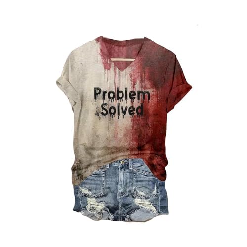T-shirt amusant d'Halloween pour femme Problem Solved I'm Fine Bloody Print V Neck manches courtes Problem Solved Shirt, sable, M