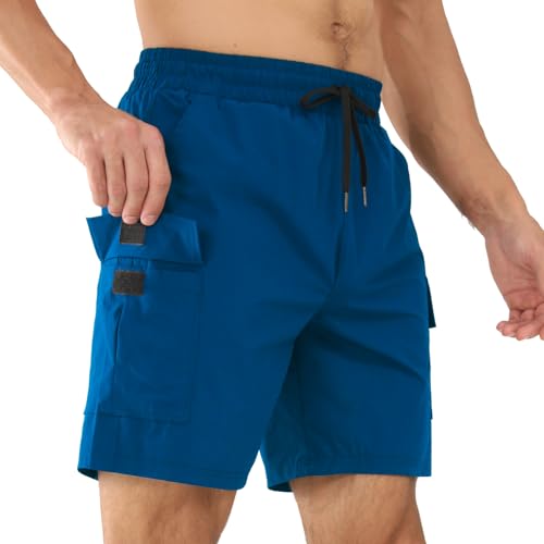 Superora Hombres Cargo Pantalones - Shorts Deporte y Tiempo Libre, Senderismo, Secado rápido, Transpirable, Corte Normal, Altura Media, 8 Pulgadas de Costura Interior, 5 Bolsillos, Talla L, Azul