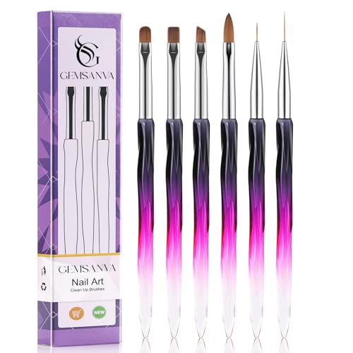 GEMSANVA 6Pcs Nail Art Brushes Set | Clean Up Brush Liner Polish & Extension Gel Brush | Nail Polish Mistake Cleaner for Nail Art DIY Manicure Tools