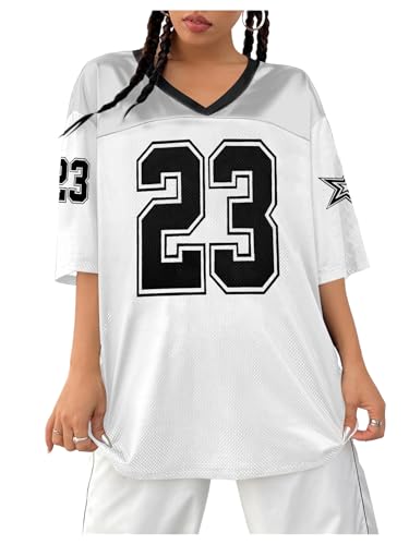 Oversized Jersey Women V Neck Tshirt Number Graphic Tee Y2k Streetwear Short Sleeve Top