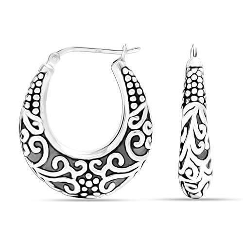 LeCalla 925 Sterling Silver Bali-Style Hoop Earrings Lightweight Click-Top Antique Two-Tone Beaded Italian Bali Style Earring Hoops for Women