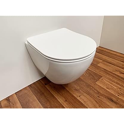 ADOB, verkürzte kurze spülrandlose wandhängende WC Keramik Toilette, platzsparend, mit passendem WC Sitz mit Absenkautomatik, inkl. Schallschutzmatte, 28022 – Bild 4