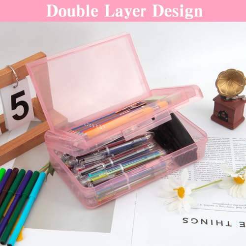 Image of Pencil Case Box, 2 PCS Clear Light Pink Double Layer Large Capacity Plastic Pencil Boxs, Clear Hard Pen Case with Snap-tight Lid,Storage Art Craft Box Marker Organizer for Girl Offices School Supplies