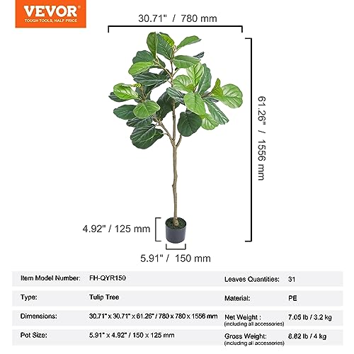 Image of VEVOR Artificial Fiddle Leaf Fig Tree, 5 FT, Secure PE Material & Anti-Tip Tilt Protection Low-Maintenance Faux Plant, Lifelike Green Fake Potted Tree for Home Office Warehouse Decor Indoor Outdoor