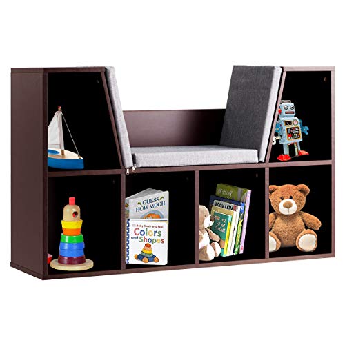 HONEY JOY Reading Nook Organizer with Seat Cushion, Kids Bookcase with Reading Nook, 6-Cubby Wooden Corner Storage Shelf Book Nook for Playroom Bedroom Decor (Brown)