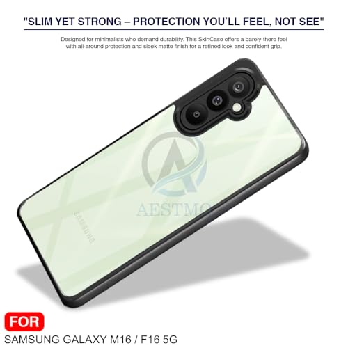 Image of AESTMO Samsung Galaxy M16 / F16 5G Back Cover | 360 Protection | Crystal Clear Hard Back Transparent | Bumper Case for Samsung Galaxy M16 / F16 5G (PC+TPU, Black Bumper)