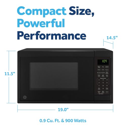 Image of GE Countertop Microwave Oven, Compact 0.9 Cubic Ft., 900-watt Capacity, 7 Auto Cooking Settings, Child-Lock Technology, Kitchen Essentials for the Countertop, Dorm Room or Apartment, Black