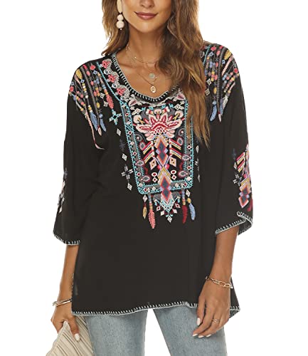 Higustar Mexican Embroidered Tops For Women Bohemian 3/4 Sleeve Shirt Boho Floral Peasant Style Tunic Plus Size Hippie Clothes Black #TOP1