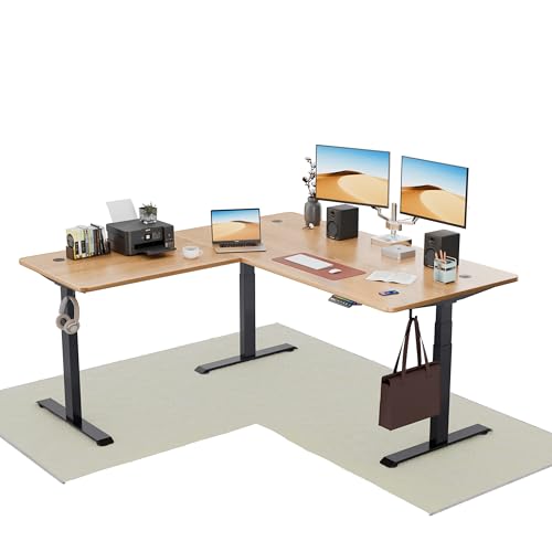Image of Intellidesk Studio L Shaped Standing Desk Corner Electric Height Adjustable Standing Desk, Sit Stand Computer Workstation with 3-Stage Triple Motor System (Black+Oak, 70(M) * 30 * 70(R) Inches)
