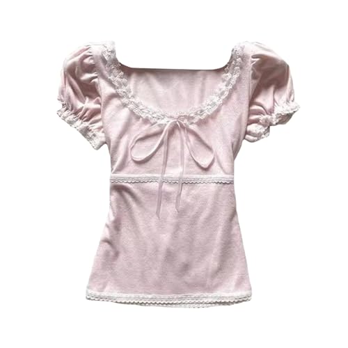Coquette Cute Lace Trim Top Y2k Baby Tee Summer Short Sleeve V Neck...