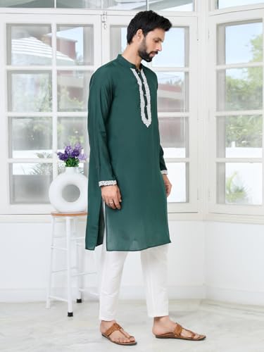 Image of See Designs Men's Full Sleeve Mandarin Collar Floral Embroidered Mandarin Collar Thread Work Straight Long Kurta - Festive Collection