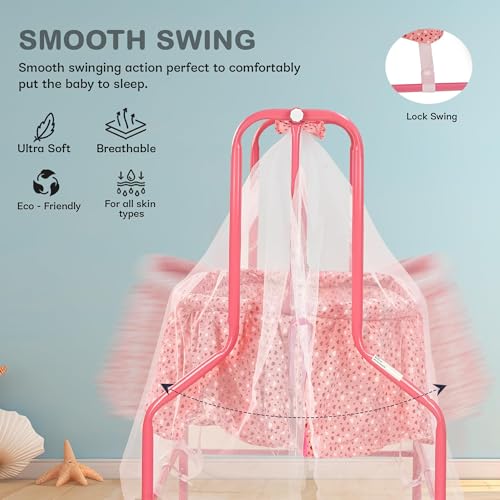 Image of BAYBEE Enchant Baby Swing Cradle for New Born with Mosquito Net, Lock Swing & 360 Rotating Wheels | Jhula Palna for Infants Boys Girls | Pink