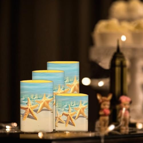 Image of Battery Operated Tea Lights Candles with Timer, Flickering Flameless LED Pillar Color Changing Candles with Remote for Beach Coastal Decor Beach Starfish Blue, Set of 4