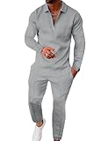 UOUA Herren 2-teiliges Set Freizeitoutfit Langarm Polo-Shirt & Hose Trainingsanzug Wohnanzug Sportanzug in Hellgrau 3XL