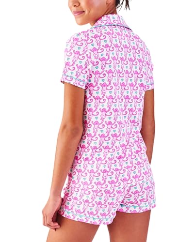Image of Womens Pajamas Set Trendy 2 Piece Button Down Monkey Bunny Beach Shorts Set Y2k Preppy Loungewear Pjs for Gift Party(Lovely Monkey, Small)