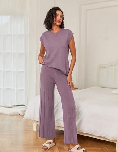 Image of Ekouaer Lounge Sets for Women Two Piece Outfits Knit Cap Sleeve Tops Wide Leg Pleated Pants Casual Dressy Sweater Sets