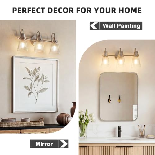 Image of Brushed Nickel Bathroom Light Fixtures, 18.8 Inch Modern Vintage Vanity Lights with Clear Striped Glass Shade, 3-Light Bathroom Wall Sconce Over Mirror for Entryway Bedroom